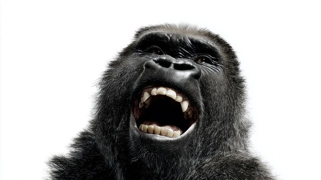 Close-up portrait of silverback gorilla laughing with wide open mouth baring large fangs on plain white background for viral meme