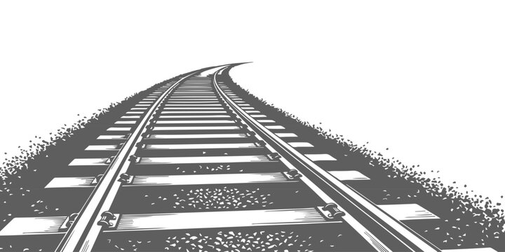 A curving railway track vanishing into the distance with a textured foreground and clear sky, monochrome vector illustration