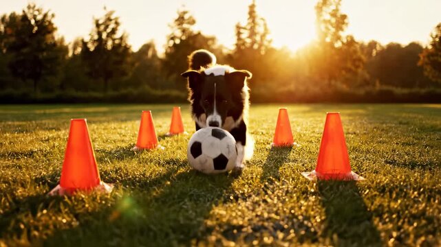 Dog Playing Soccer in a Sunny Park with Orange Cones.