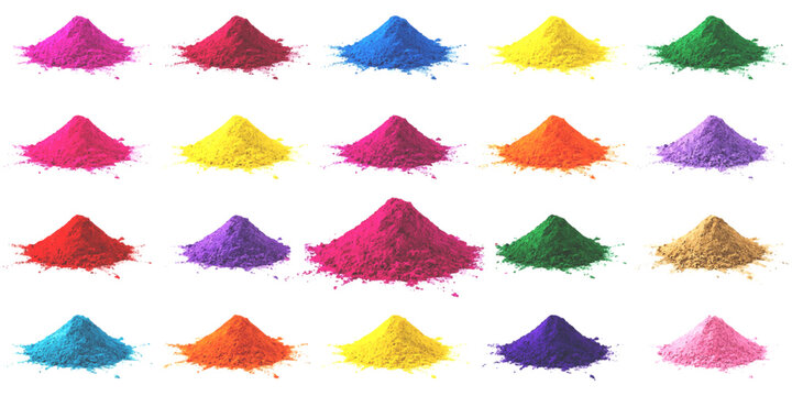 Vibrant piles of colored powder, holi festival pigments, bright and festive celebration, isolated on white background, graphic design elements