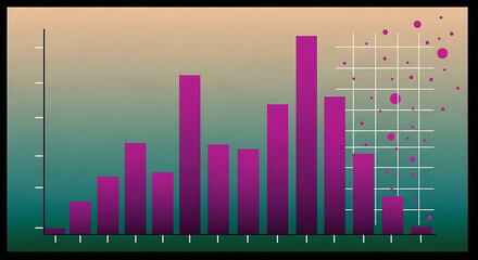 Fototapeta premium Stylized bar graph with purple bars on gradient background transitioning from beige to green isolated on a transparent background