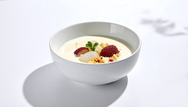 Elegant white almond tofu or milk pudding with lychee and yangmei fruit on white background