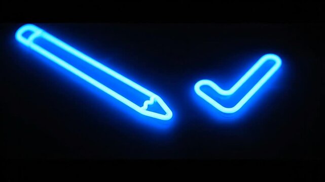 Neon pencil and check mark symbol on dark background