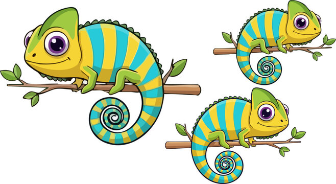 Cute vector cartoon chameleons with yellow and aqua stripes, purple eyes, and green heads, perched on brown branches with green leaves, isolated on a transparent background.