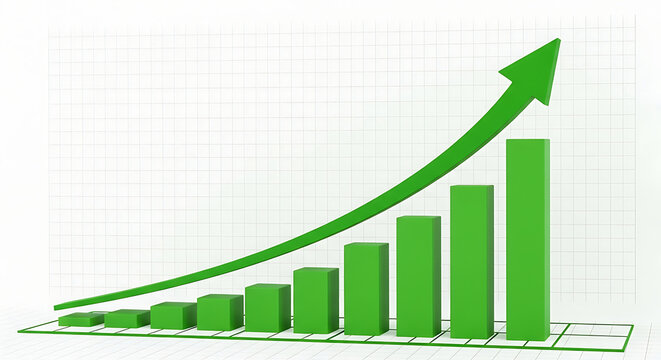 Green bar graph with upward trend line and arrow on grid background isolated on a transparent background