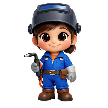 Cartoon girl welder with welding torch and helmet