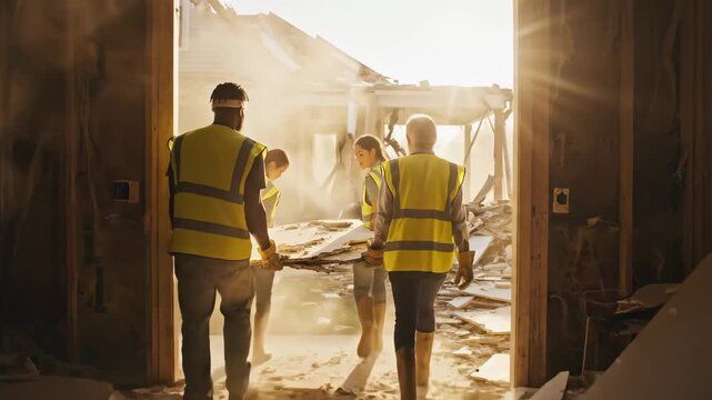 A dedicated group of volunteers works together to clean up the debris of a damaged home. Sunlight filters through broken walls, illuminating their hard work and commitment to rebuilding.
