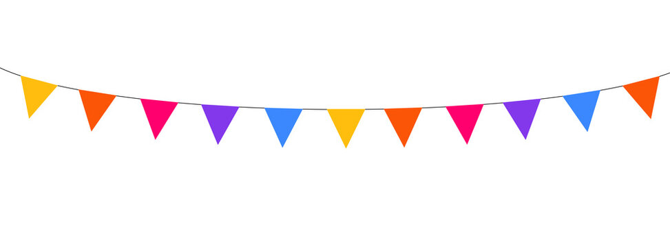 Colorful triangular party flags strung together on a black string, creating a festive banner against a white background. Celebration decoration.
