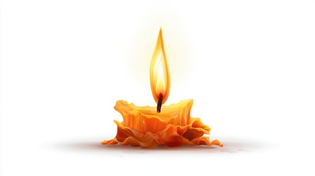 Melting candle with vibrant flame on white background.