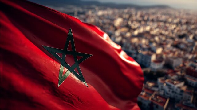 moroccan flag waving in the wind. flag of morocco with view on city