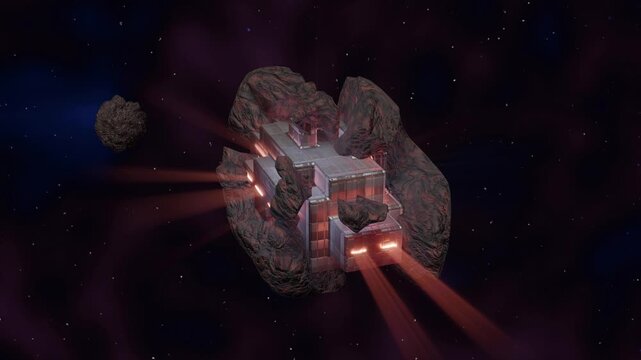 Interstellar object, alien probe inside asteroid, comet, meteor.  Rocky surface dissolved, revealing alien tech inside celestial object. Extraterrestrial technology.
3d animation.