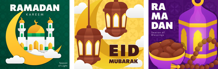 Set of Ramadan Kareem greeting cards with cartoon Crescent Moon, Mosque, Arabic lantern, dates and prayer beads on Islamic pattern background. Modern flat Eid banners, posters, social media posts © Qeeraw