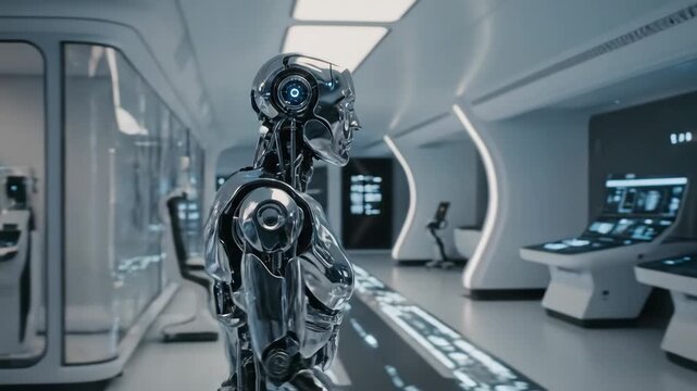 Futuristic Robot Interacting with Advanced Technology in a Sci-Fi Lab.