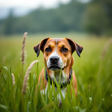 A tight shot of a dog in a verdant field, grasses near precede a softly blurred background