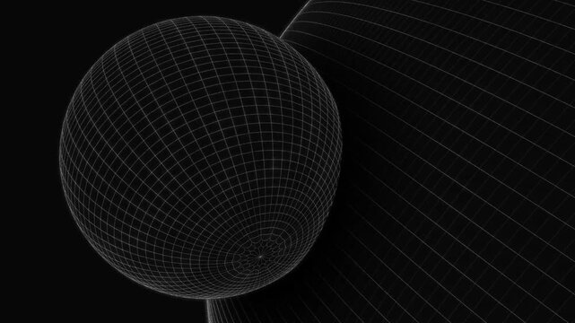 Centered wireframe sphere with a dark circular core glowing subtly against a black grid background forming a minimal futuristic geometric scene
