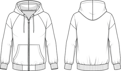 Fashion technical flat sketch of a long sleeve full zip hoodie with kangaroo pockets and ribbed cuffs for design templates © Mst