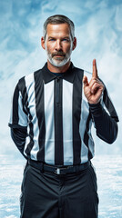 Naklejka premium Hockey referee in striped uniform showing warning gesture. Sports rules, authority, decision making, control concept and competition environment.