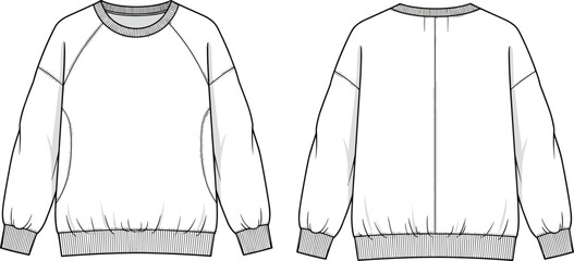 Fashion technical flat sketch of a raglan sleeve sweatshirt with ribbed crew neck and wide waistband for apparel design templates © Mst