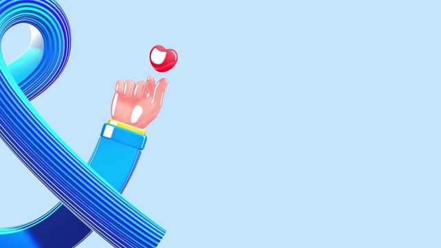 3D illustration of a glossy blue awareness ribbon forming an infinity loop with a raised hand holding a floating red heart on soft blue background symbolizing support and care
