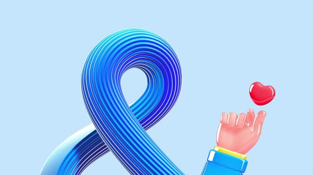 Minimal 3D render of a blue infinity awareness ribbon beside a stylized hand lifting a small red heart against pastel background representing compassion and continuous support
