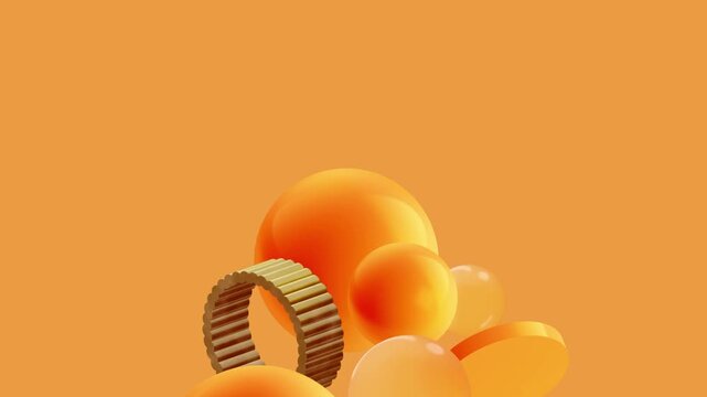 Abstract 3D elements including spheres and a textured ring clustered at the bottom of the frame with a clean orange header.
