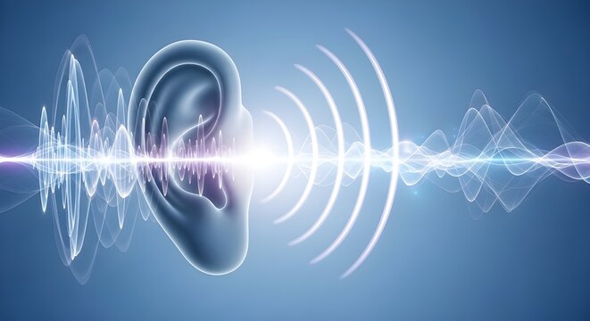 3D Render of a Human Ear with Integrated Sound Wave Frequencies