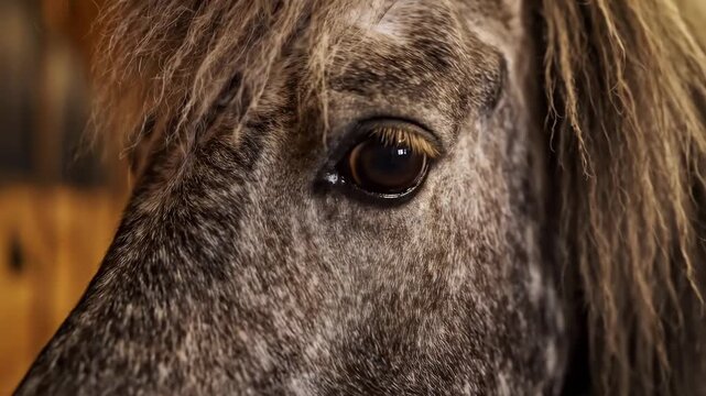 Beautiful horse with grey fur in a wooden stable environment.