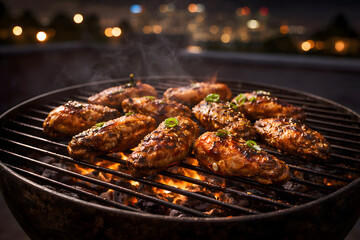 Barbecue Chicken Wings on Rooftop Grill with Urban Skyline Background