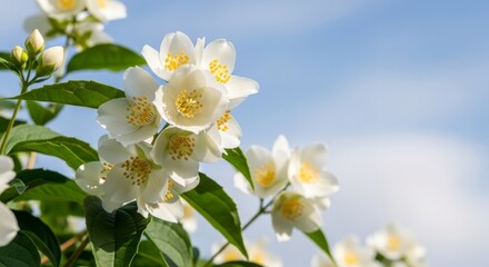 Obraz premium Delicate white jasmine flowers bloom vibrantly against a clear blue sky, evoking springtime freshness and natural beauty.