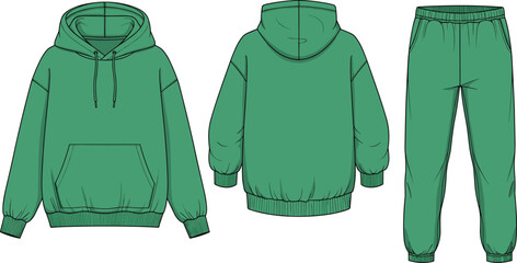 Fashion technical flat sketches of oversized green hoodie with kangaroo pocket and matching jogger sweatpants for apparel design clothing templates © Mst