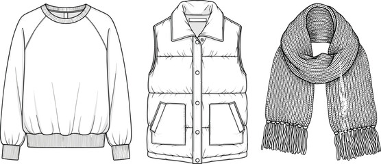 Fashion technical flat sketches of winter apparel including raglan sweatshirt quilted puffer vest and knitted fringe scarf for design templates © Mst