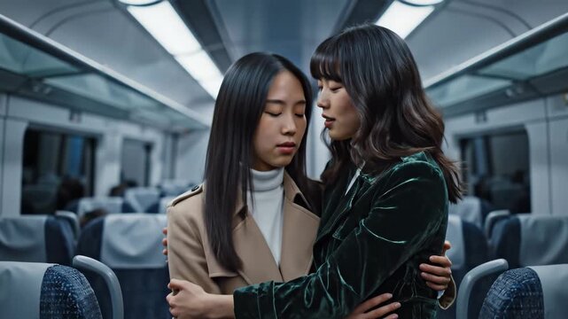 Two women embrace on a train, showing support and comfort in a difficult situation.