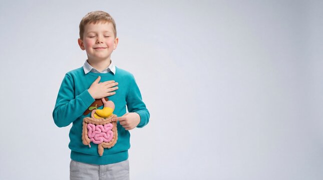 A young boy with a cheerful expression holds a model of the human digestive system in front of his torso while pointing to it with one hand and touching his chest with the other
