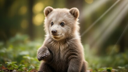 Obraz premium Curious young bear cub exploring sunlit forest floor.