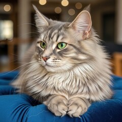 Fototapeta premium Elegant silver tabby cat resting on a blue cushion indoors.