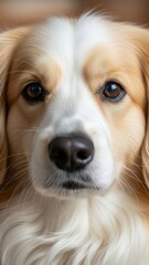 Fototapeta premium Closeup portrait of a calm, friendly dog with soft fur and warm eyes in a natural setting.