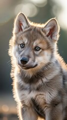 Obraz premium Adorable fluffy puppy posing with curious eyes and perky ears in soft lighting.