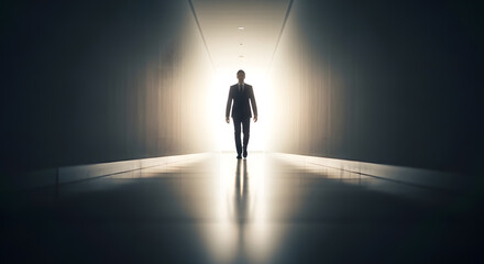 Obraz premium Silhouette of Businessman Walking Towards Light at End of Hallway, Symbolizing Hope and Success. High quality photo