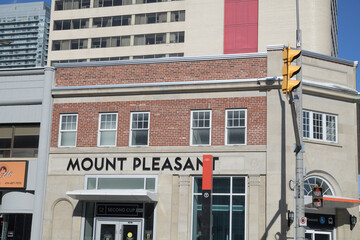 Fototapeta premium Mount Pleasant Station, Eglinton Line 5, formerly a branch of the Imperial Bank of Canada (256 Eglinton Av E), designed by Herbert Horner in 1928, Toronto 