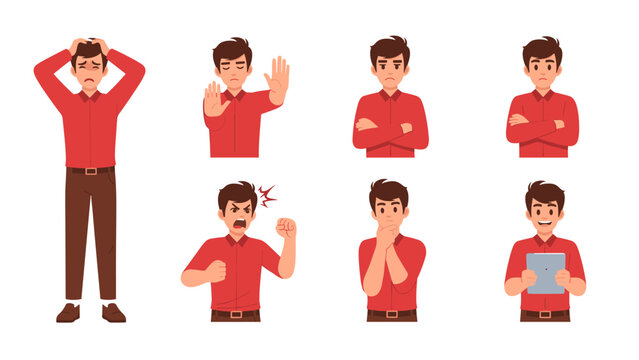 Cartoon man gestures emotions poses set isolated red shirt vector illustration