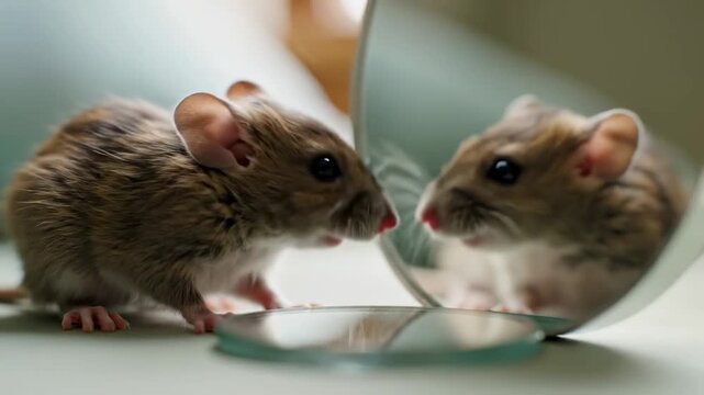 Mouse Gazes at Reflection in Mirror, Curious and Intrigued.