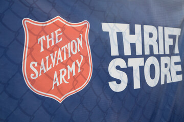 Fototapeta premium banner sign for The Salvation Army Thrift Store located here at 20 Leslie St, Toronto