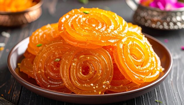 Plate of glossy orange jalebi spirals garnished with pistachios on wooden surface, festive background with blurred bowl and flowers.