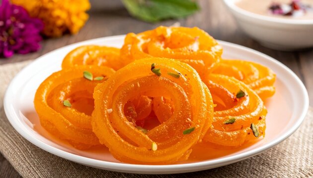Plate of glossy orange jalebi spirals garnished with pistachios on wooden surface, festive background with blurred bowl and flowers.