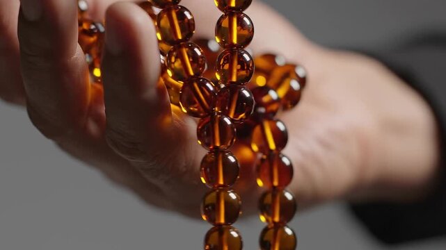 Hand Holding Glowing Amber Prayer Beads for Meditation