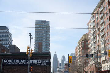 Fototapeta premium looking west from Mill St and Cherry St incl vintage Gooderham & Worts signage, Toronto