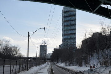 Fototapeta premium silhouetted buildings looking south on Bayview Av including Audi Downtown Toronto