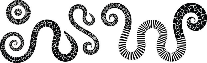 Obraz premium Abstract spiral vector illustration, black and white mosaic patterns, wavy geometric shapes, cracked textures, striped radial segments, modern decorative design artwork