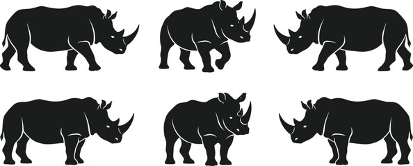 Rhinoceros silhouette collection featuring powerful rhino in various poses isolated on white background, African wildlife vector illustration set for logo and design © MdMurad