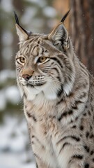 Fototapeta premium Close-up portrait of a majestic lynx in a snowy forest with intense gaze and tufted ears.